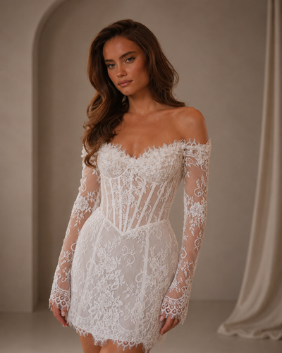 Tokyo Customized White Off the Shoulder Wedding Dresses Lace Long Sleeve Back Lace-Up Bridal Gowns Flower Mini Wedding Gowns