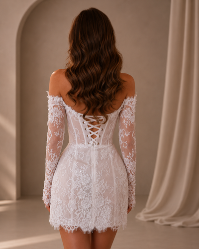 Tokyo Customized White Off the Shoulder Wedding Dresses Lace Long Sleeve Back Lace-Up Bridal Gowns Flower Mini Wedding Gowns