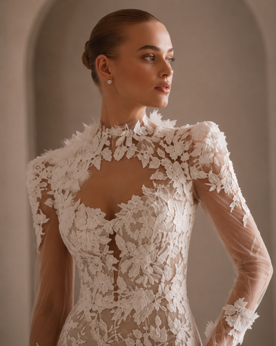 Luxury Ivory Long Sleeves Mermaid Lace Appliques Wedding Dress Sexy High Neck Pleat High Side Slit Sweep Train Gowns Customized