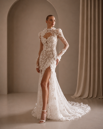 Luxury Ivory Long Sleeves Mermaid Lace Appliques Wedding Dress Sexy High Neck Pleat High Side Slit Sweep Train Gowns Customized