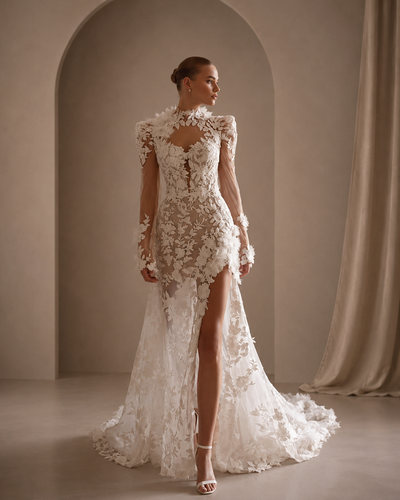 Luxury Ivory Long Sleeves Mermaid Lace Appliques Wedding Dress Sexy High Neck Pleat High Side Slit Sweep Train Gowns Customized
