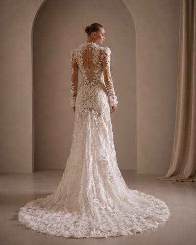 Luxury Ivory Long Sleeves Mermaid Lace Appliques Wedding Dress Sexy High Neck Pleat High Side Slit Sweep Train Gowns Customized