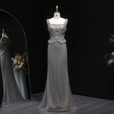 Sharon Said Luxury Dubai Gray Staight Evening Dress with Straps Arabic Women Wedding Formal Party Gowns SS631 Customized