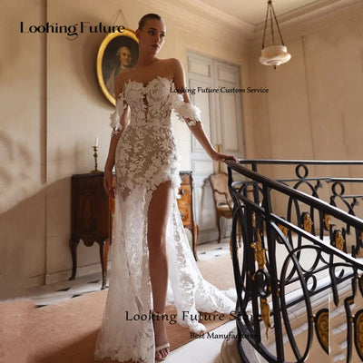 Luxury Ivory Long Sleeves Mermaid Lace Appliques Wedding Dress Sexy High Neck Pleat High Side Slit Sweep Train Gowns Customized