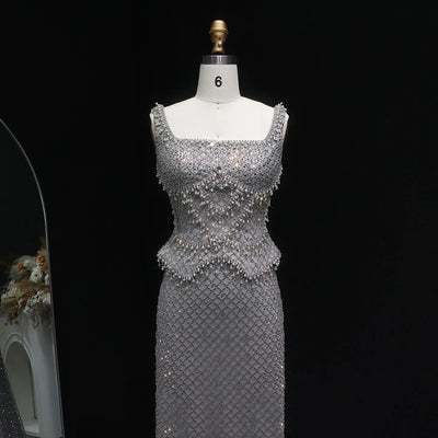 Sharon Said Luxury Dubai Gray Staight Evening Dress with Straps Arabic Women Wedding Formal Party Gowns SS631 Customized