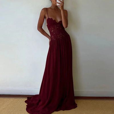 Casual Lace Patchwork Beach Dress Lady Sexy Low Cut V-neck Party Dress Spring Summer Sleeveless Suspender Chiffon Long Dress