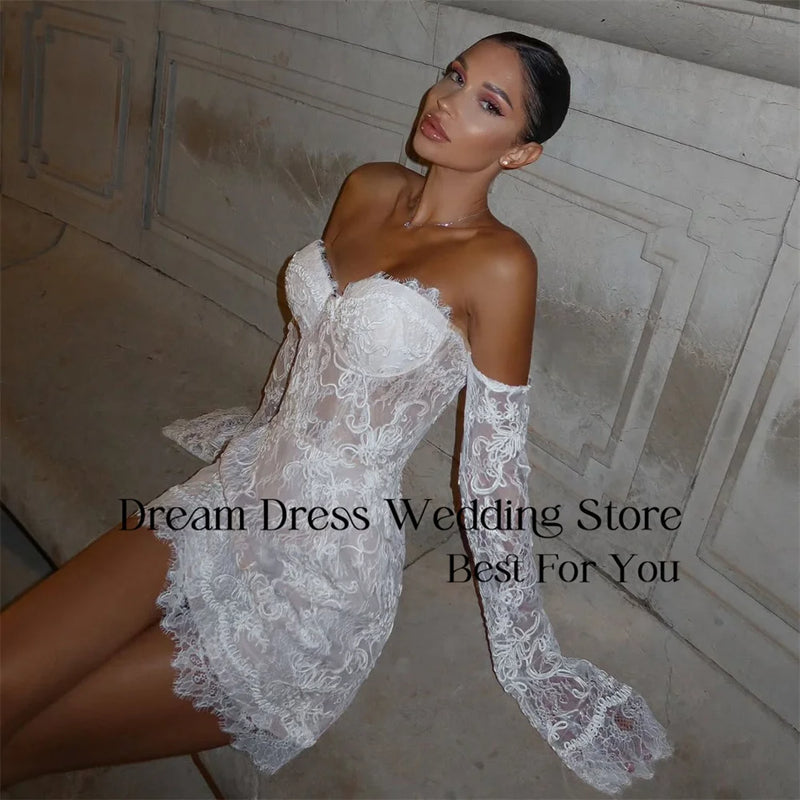 DREAM Lace Sweetheart Sheath Short Wedding Dress Women 2025 Long Sleeve Off The Shoulder Bridal Gown Vestido De Novia Customized
