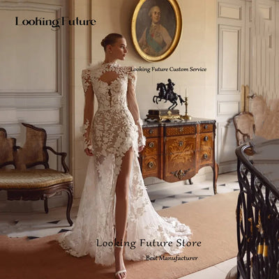 Luxury Ivory Long Sleeves Mermaid Lace Appliques Wedding Dress Sexy High Neck Pleat High Side Slit Sweep Train Gowns Customized