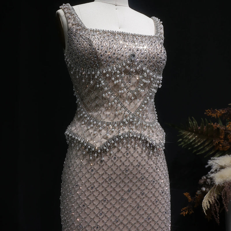 Sharon Said Luxury Dubai Gray Staight Evening Dress with Straps Arabic Women Wedding Formal Party Gowns SS631 Customized