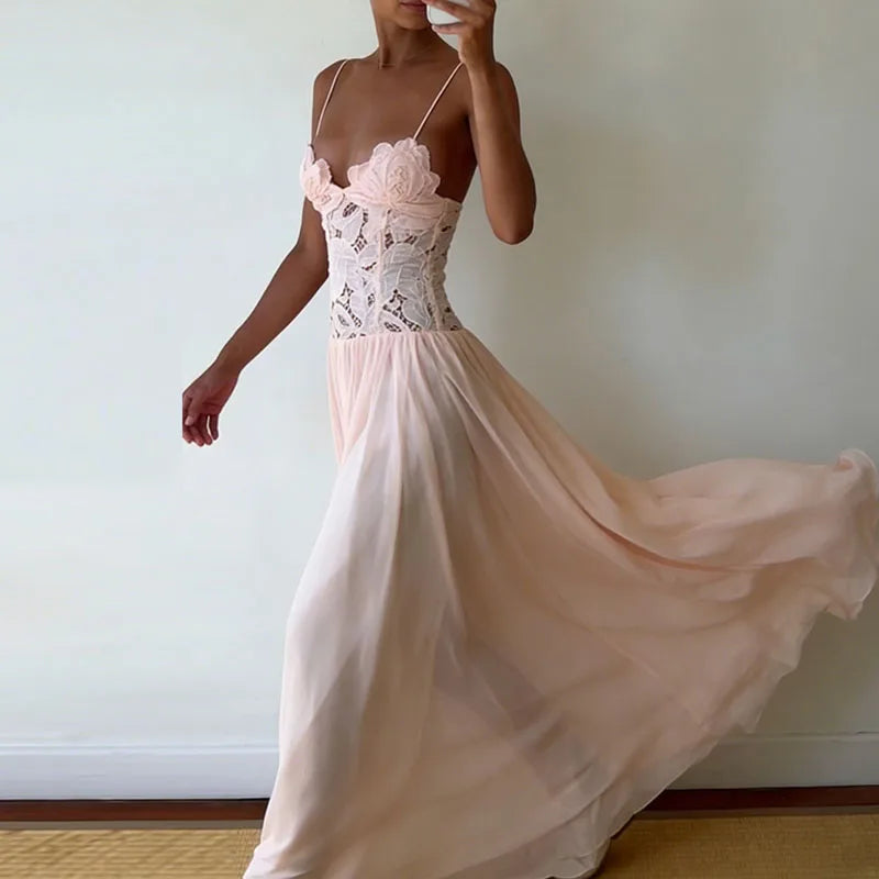 Casual Lace Patchwork Beach Dress Lady Sexy Low Cut V-neck Party Dress Spring Summer Sleeveless Suspender Chiffon Long Dress