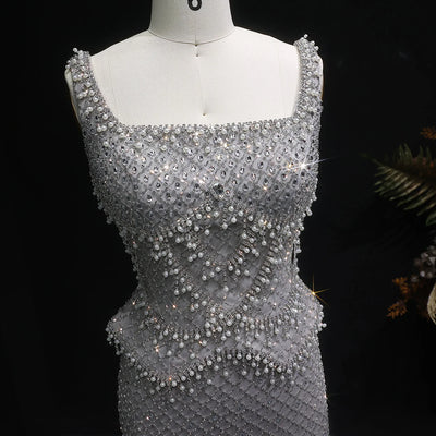 Sharon Said Luxury Dubai Gray Staight Evening Dress with Straps Arabic Women Wedding Formal Party Gowns SS631 Customized