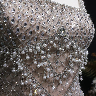 Sharon Said Luxury Dubai Gray Staight Evening Dress with Straps Arabic Women Wedding Formal Party Gowns SS631 Customized