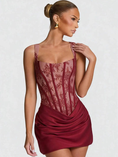 Townlike Lace Patchwork Pleated Dress Women Spaghetti Strap Mini 2026 Spring Summer Dress Evening Nightclub Sexy Party Dresses