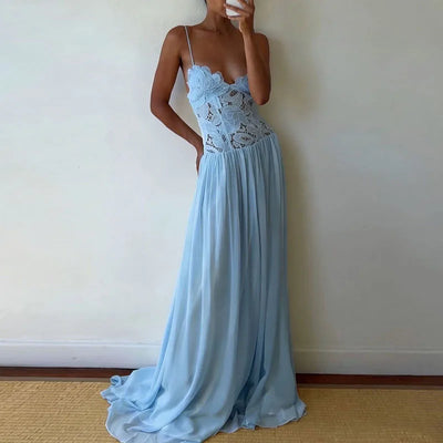Casual Lace Patchwork Beach Dress Lady Sexy Low Cut V-neck Party Dress Spring Summer Sleeveless Suspender Chiffon Long Dress