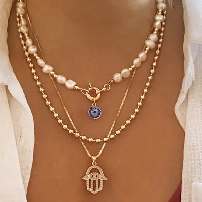 Boho Lucky Multi-layers Crystal Evil Eye Pendant Necklace For Women Geometric Round Charm Clavicle Chain Beach Jewelry