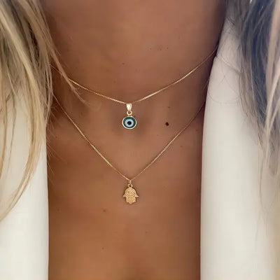 Boho Lucky Multi-layers Crystal Evil Eye Pendant Necklace For Women Geometric Round Charm Clavicle Chain Beach Jewelry