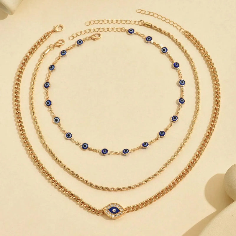 Boho Lucky Multi-layers Crystal Evil Eye Pendant Necklace For Women Geometric Round Charm Clavicle Chain Beach Jewelry