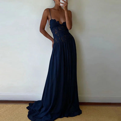 Casual Lace Patchwork Beach Dress Lady Sexy Low Cut V-neck Party Dress Spring Summer Sleeveless Suspender Chiffon Long Dress
