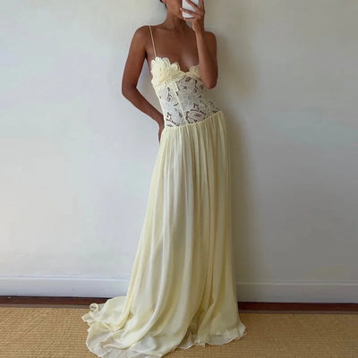 Casual Lace Patchwork Beach Dress Lady Sexy Low Cut V-neck Party Dress Spring Summer Sleeveless Suspender Chiffon Long Dress