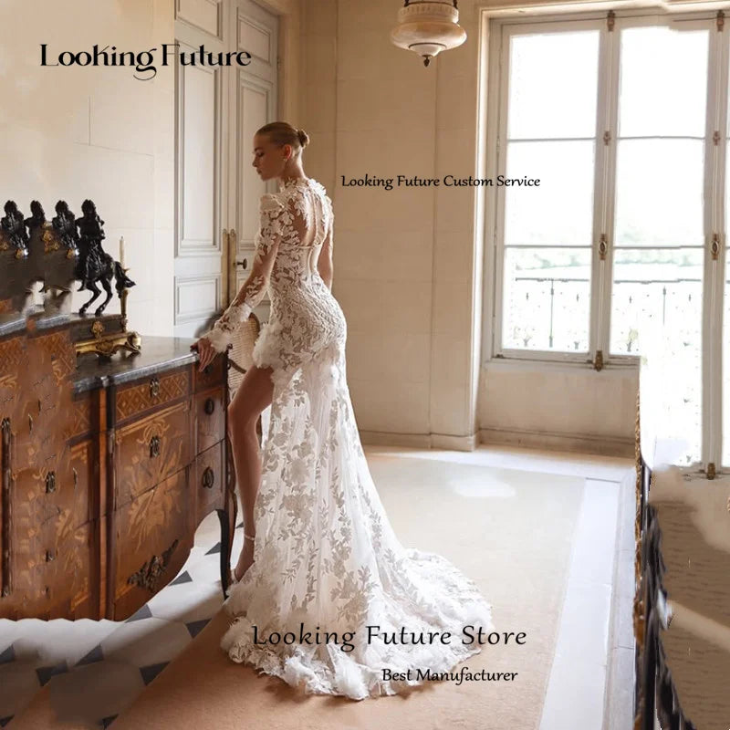Luxury Ivory Long Sleeves Mermaid Lace Appliques Wedding Dress Sexy High Neck Pleat High Side Slit Sweep Train Gowns Customized