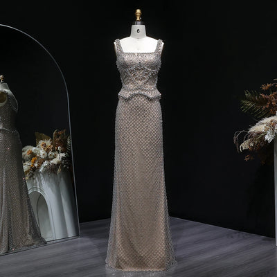 Sharon Said Luxury Dubai Gray Staight Evening Dress with Straps Arabic Women Wedding Formal Party Gowns SS631 Customized