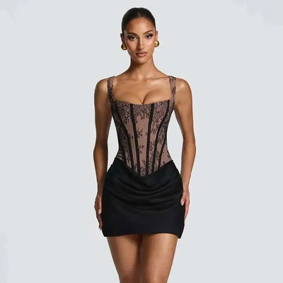 Townlike Lace Patchwork Pleated Dress Women Spaghetti Strap Mini 2026 Spring Summer Dress Evening Nightclub Sexy Party Dresses