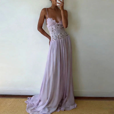 Casual Lace Patchwork Beach Dress Lady Sexy Low Cut V-neck Party Dress Spring Summer Sleeveless Suspender Chiffon Long Dress