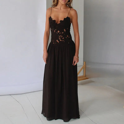 Casual Lace Patchwork Beach Dress Lady Sexy Low Cut V-neck Party Dress Spring Summer Sleeveless Suspender Chiffon Long Dress