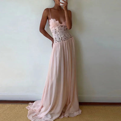 Casual Lace Patchwork Beach Dress Lady Sexy Low Cut V-neck Party Dress Spring Summer Sleeveless Suspender Chiffon Long Dress
